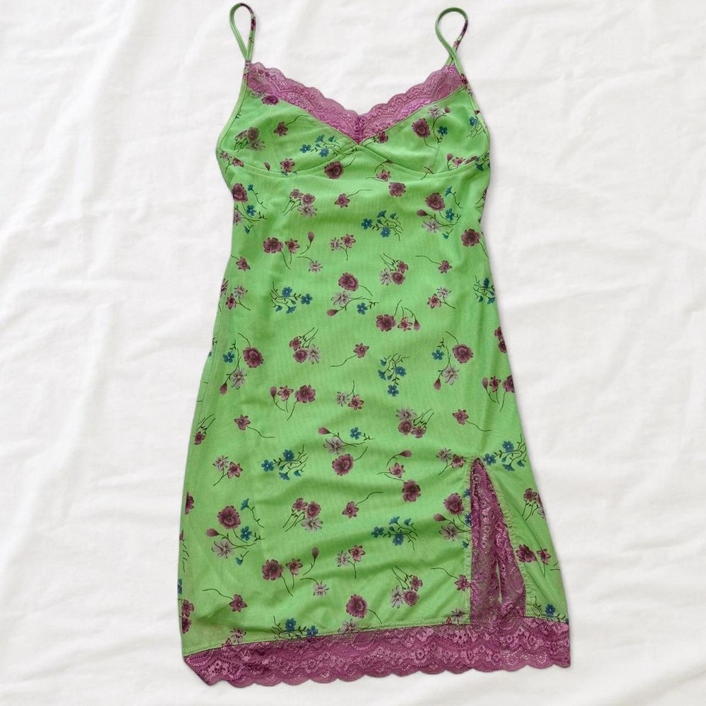 Motel Coti Bloom Lime Floral Mesh Mini Dress